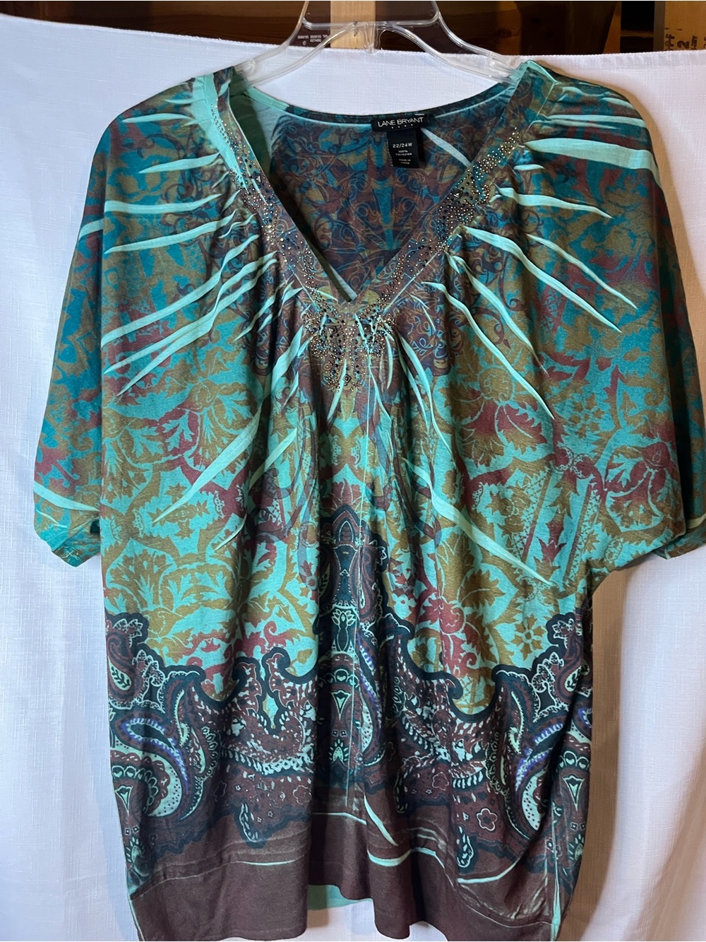 Lane Bryant Teal Mint Paisley-Print Embellished Short Sleeve Top